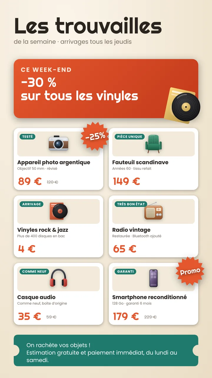 Modèle Occasion et dépôt-vente, écran vertical